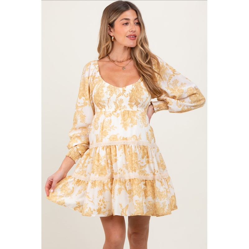 Yellow Floral Smocked Bubble Sleeve Tiered Maternity Dress