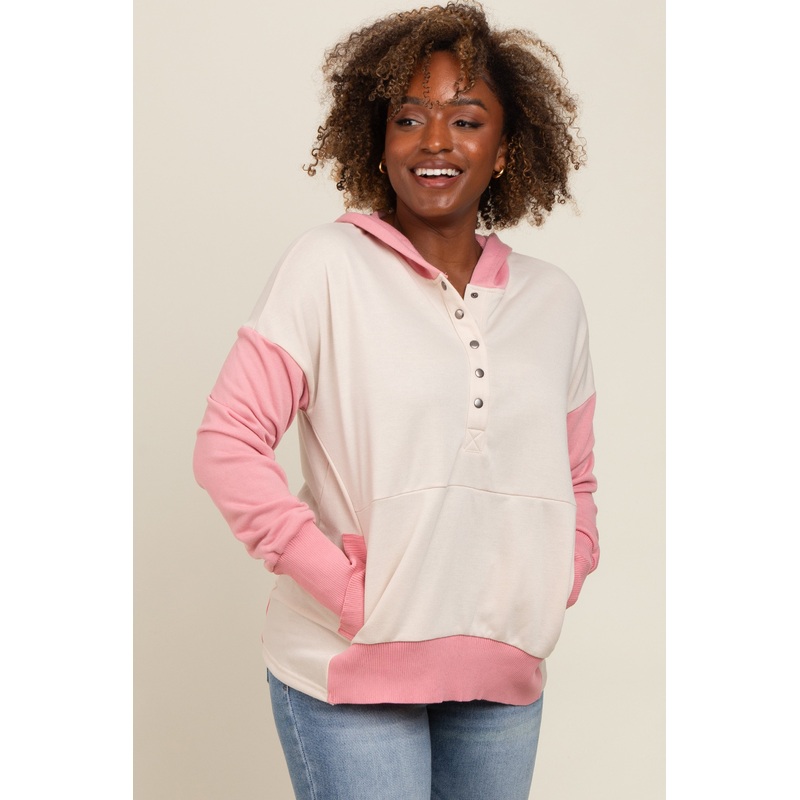 Beige Colorblock Relaxed Fit Hoodie
