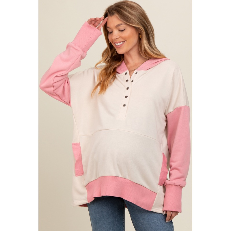 Beige Colorblock Relaxed Fit Maternity Hoodie