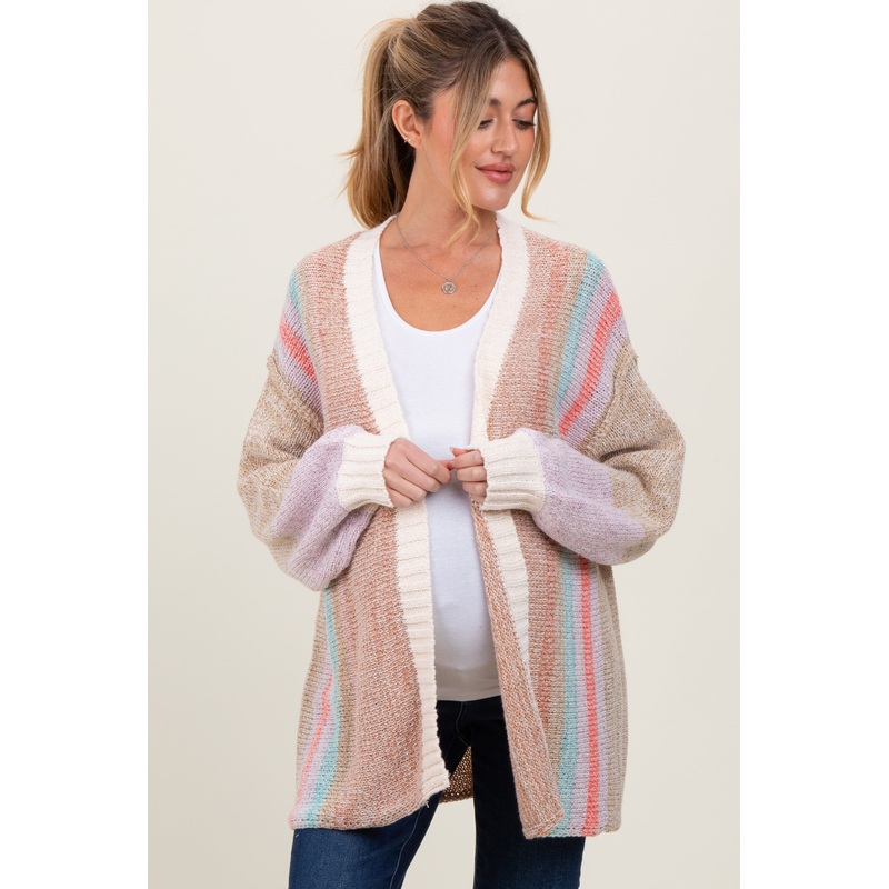 Beige Colorblock Stripe Knit Open Maternity Cardigan