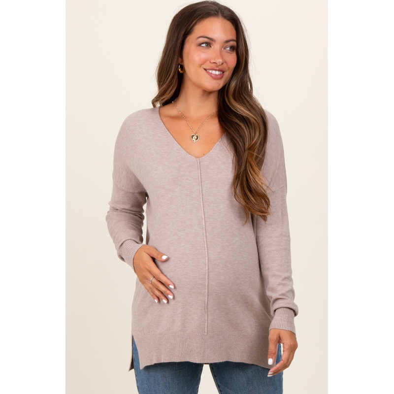 Beige Front Seam V-Neck Side Slit Maternity Sweater