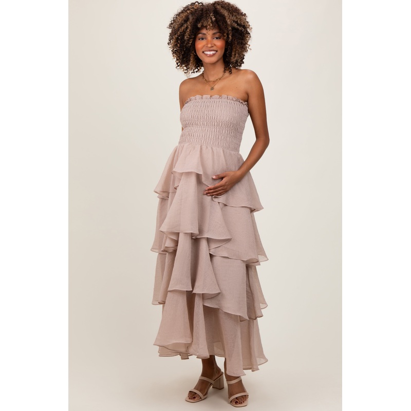 Beige Layered Maternity Maxi Dress