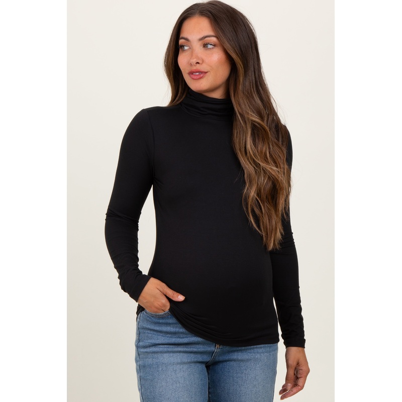 Black Brushed Knit Basic Turtleneck Maternity Top