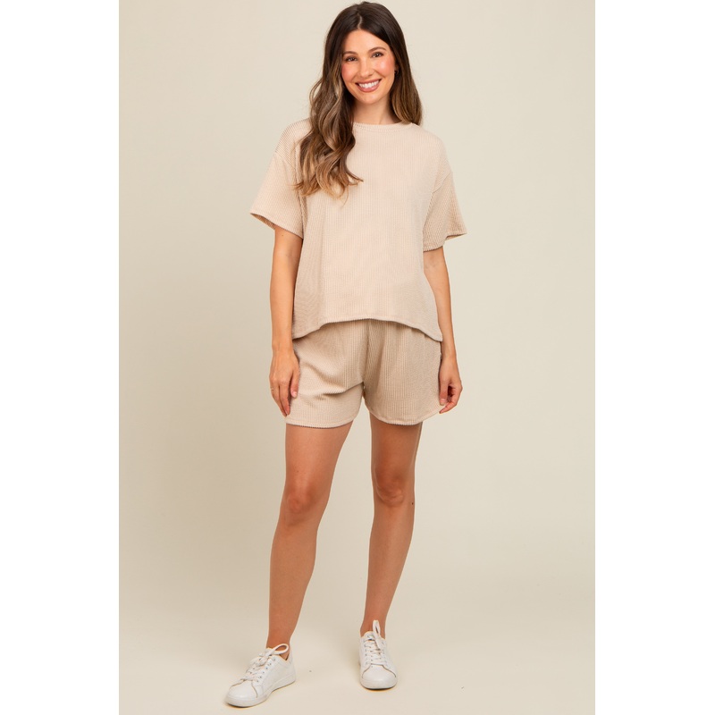 Ivory Ribbed Maternity Shorts Set