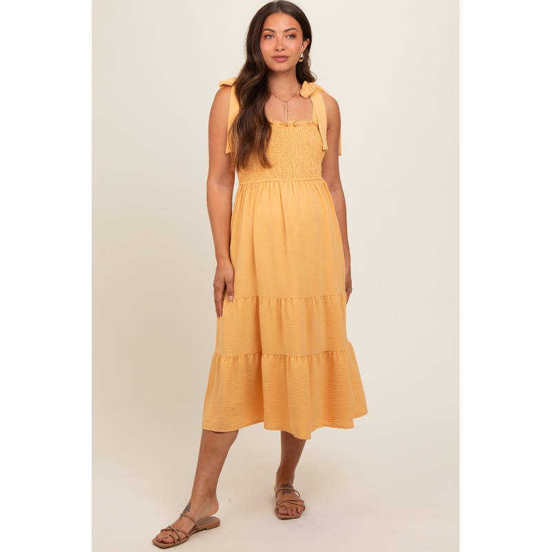 Yellow Smocked Tie Strap Tiered Maternity Midi Dress