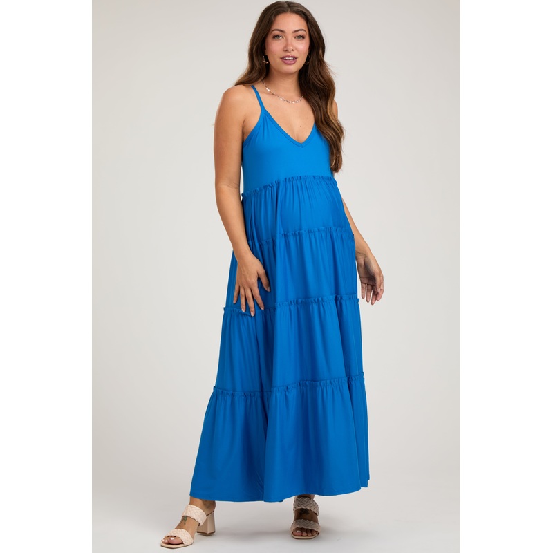 Aqua Tiered Sleeveless Maternity Maxi Dress