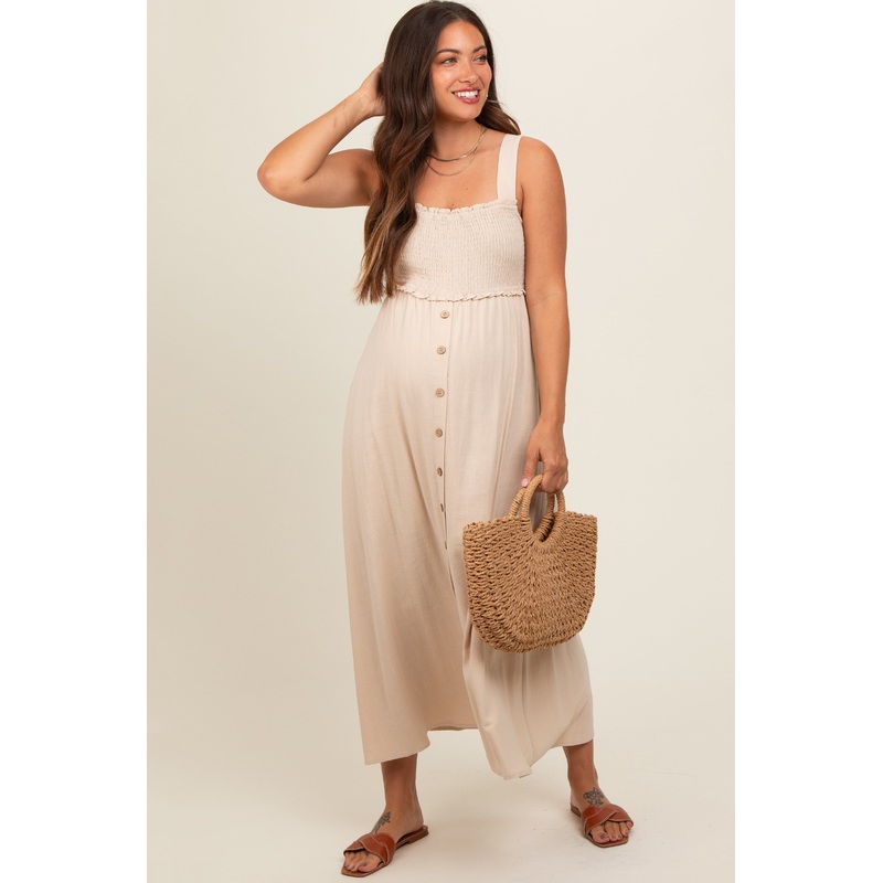 Beige Button Down Smocked Maternity Dress