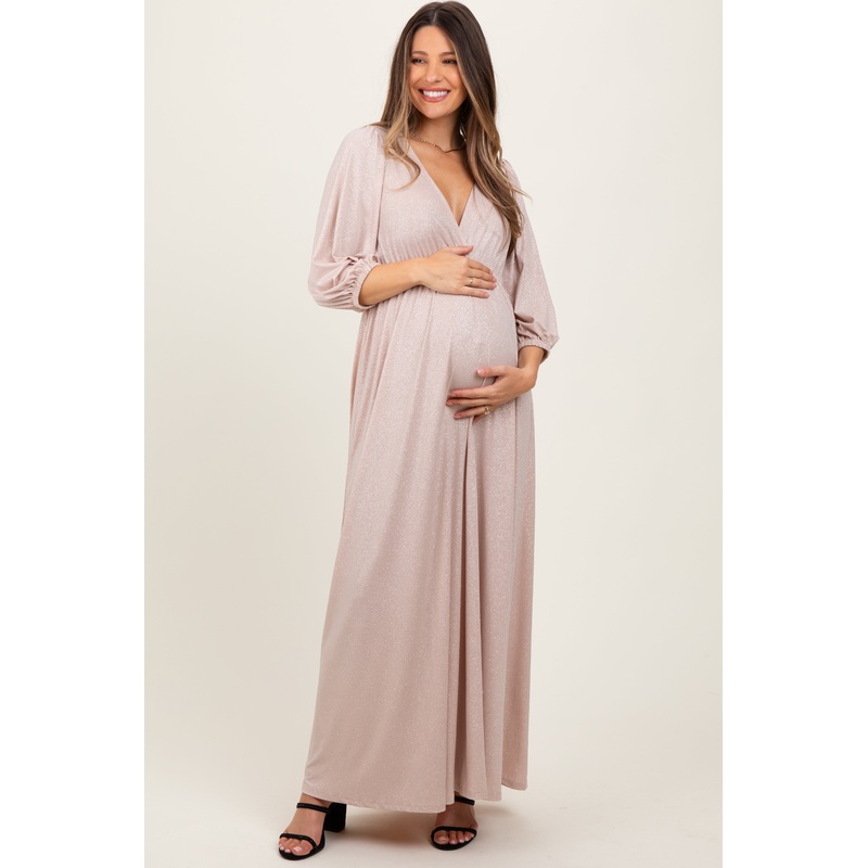 Beige Glitter V-Neck Maternity Maxi Dress