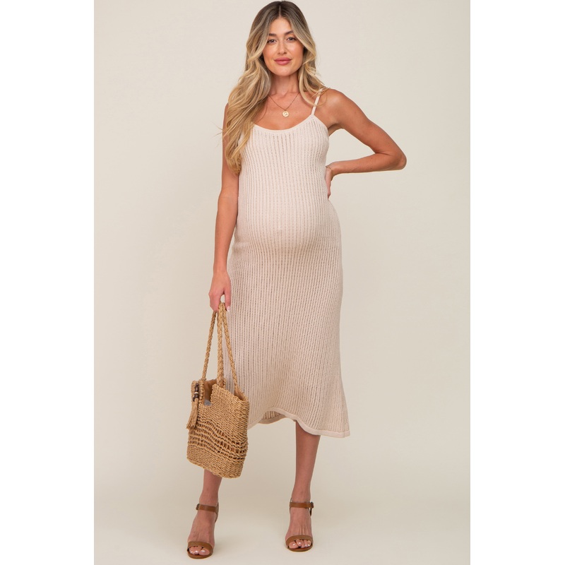 Beige Open Knit Crochet Maternity Midi Dress