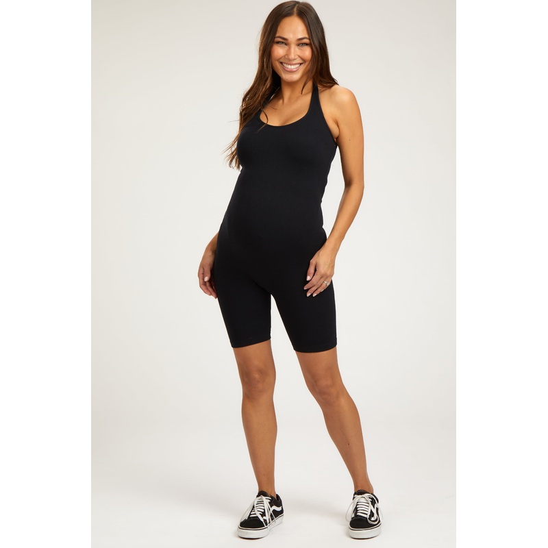 Black Ribbed Fitted Halter Maternity Romper