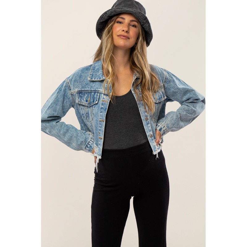 Light Blue Distressed Cropped Maternity Denim Jacket