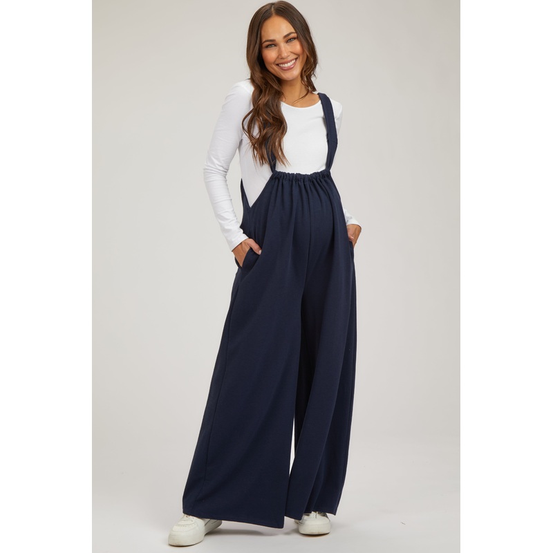 Navy Ribbed Drawstring Wide Leg Maternity Jumpsuit