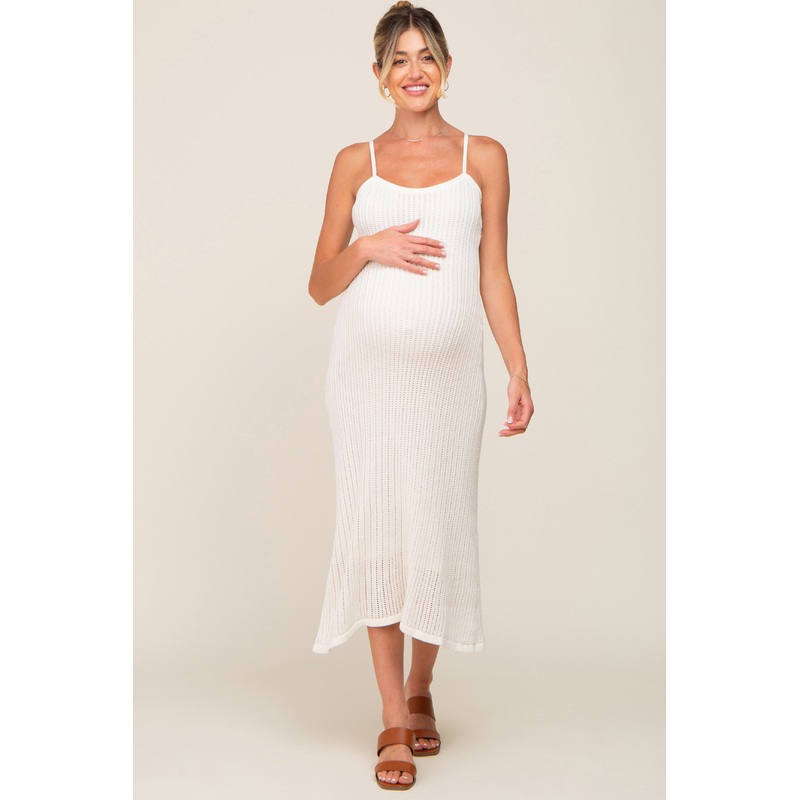 White Open Knit Crochet Maternity Midi Dress