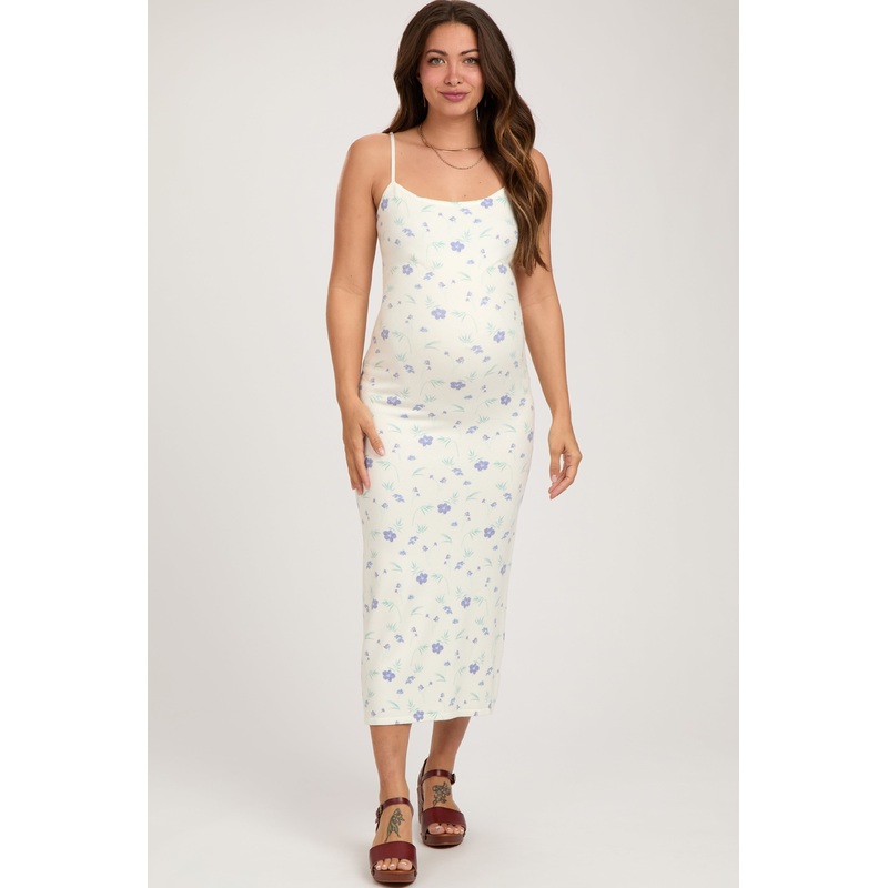 White Ultra Soft Knit Floral Sleeveless Maternity Midi Dress