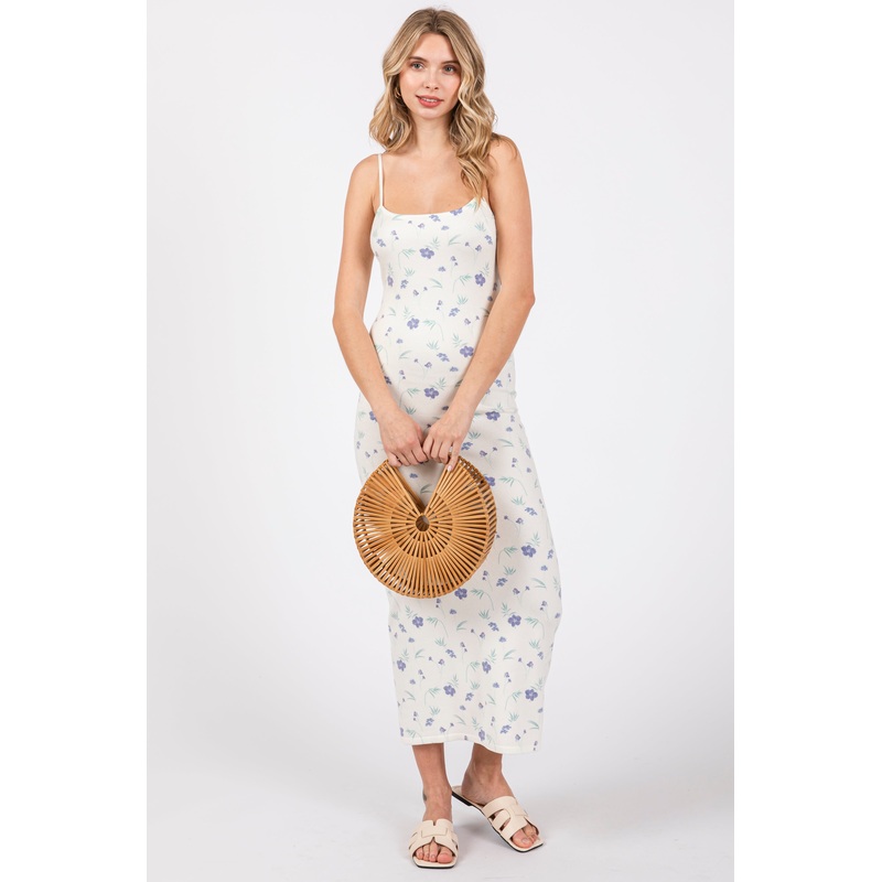 White Ultra Soft Knit Floral Sleeveless Midi Dress