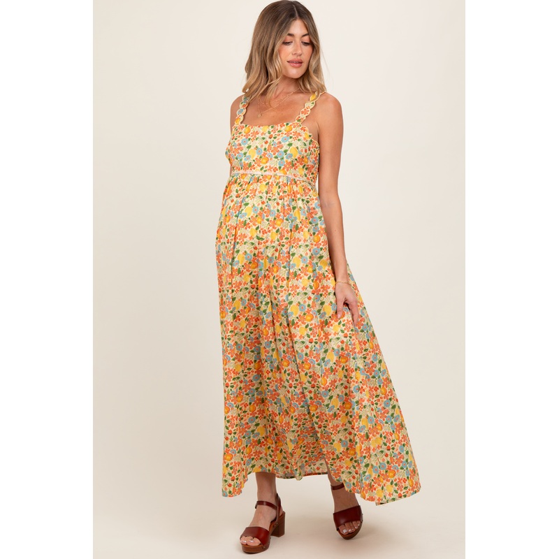 Yellow Floral Scallop Detail Sleeveless Maternity Maxi Dress