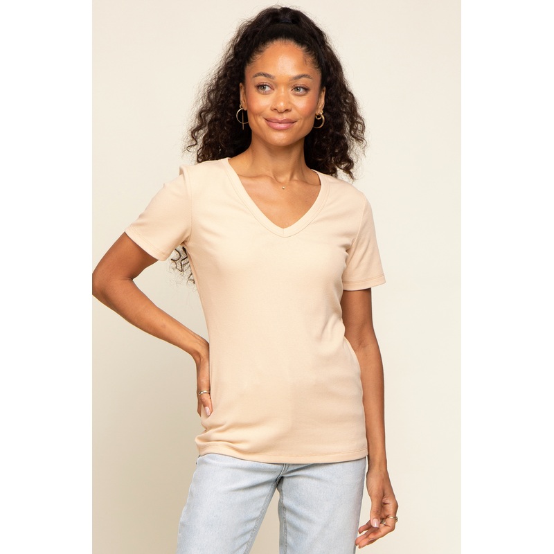 Beige Ribbed V-Neck Top