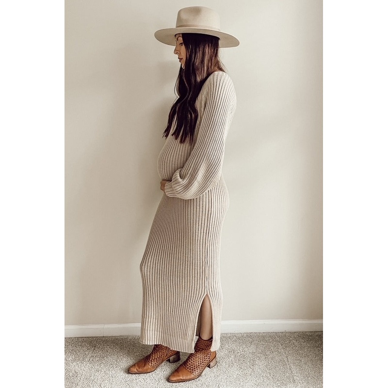 Beige Side Slit Maternity Maxi Sweater Dress