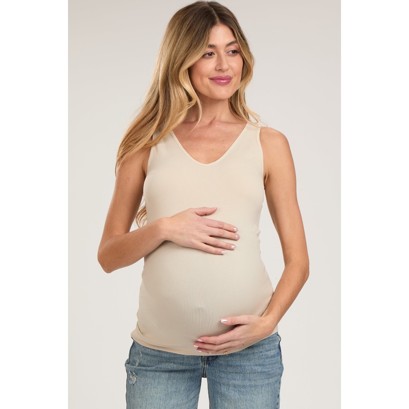 Beige Sleeveless Fitted Maternity Tank Top
