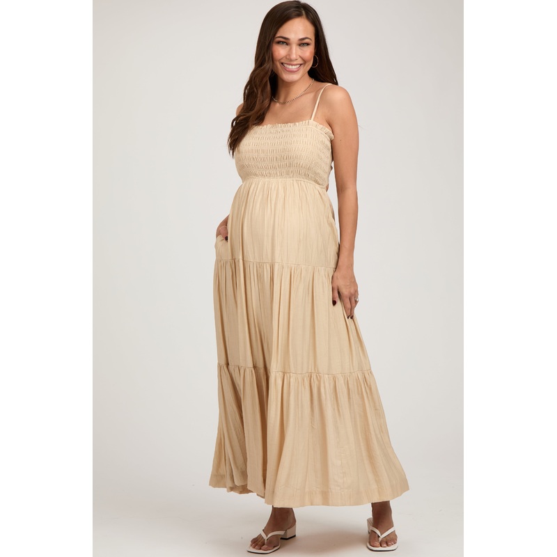 Beige Smocked Square Neck Back Cutout Tiered Maternity Midi Dress