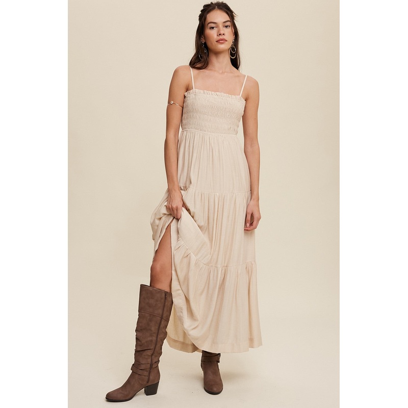Beige Smocked Square Neck Back Cutout Tiered Midi Dress