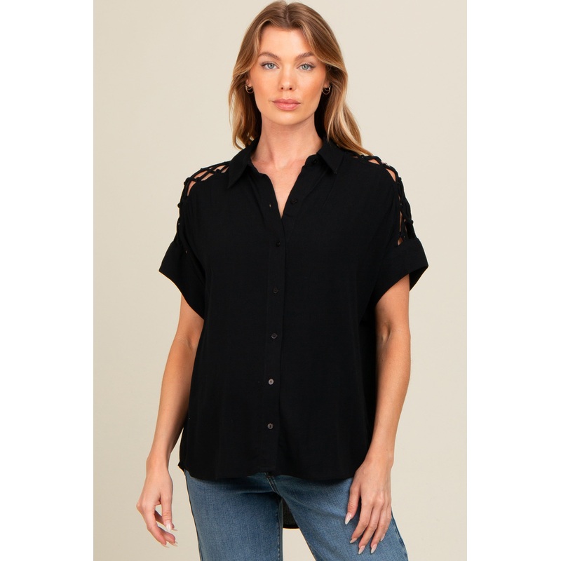 Black Button Down Lace-Up Shoulder Maternity Top