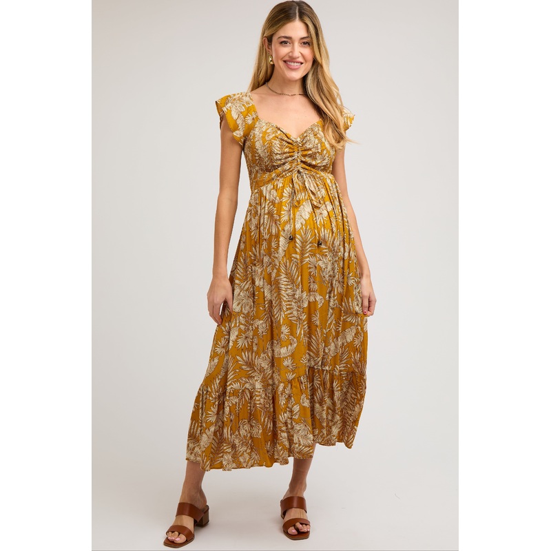 Yellow Tropical Print Smocked Short Sleeve Maternity Maxi Dress
