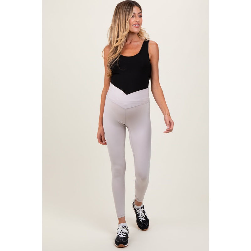 Beige Crossover Waistline Maternity Leggings