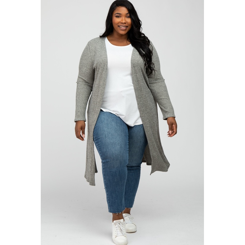 Beige Heathered Ribbed Side Slit Long Plus Cardigan