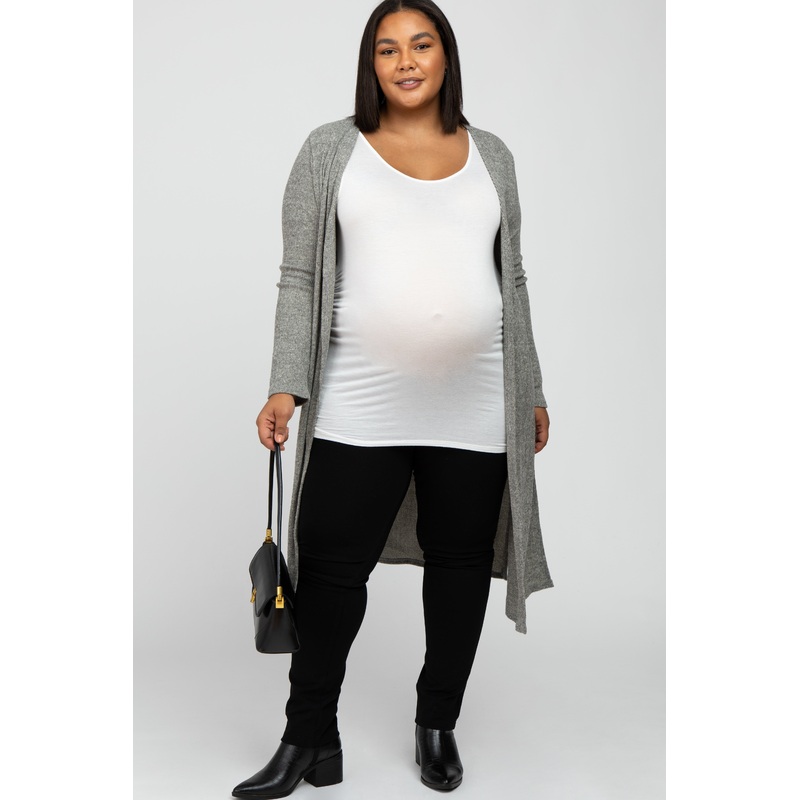 Beige Heathered Ribbed Side Slit Long Plus Maternity Cardigan