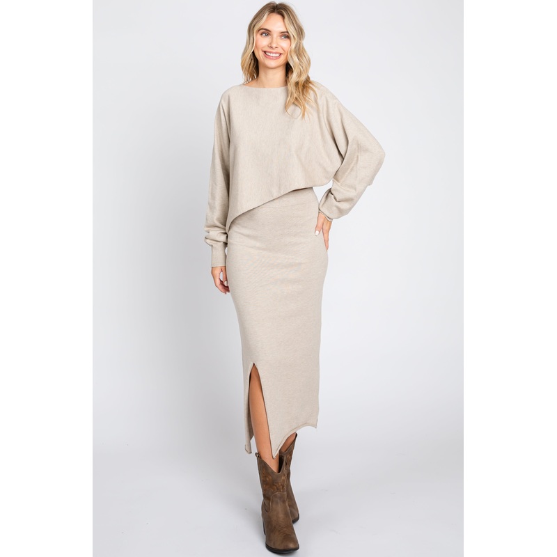 Beige Knit Long Sleeve Crop Top Midi Skirt Set