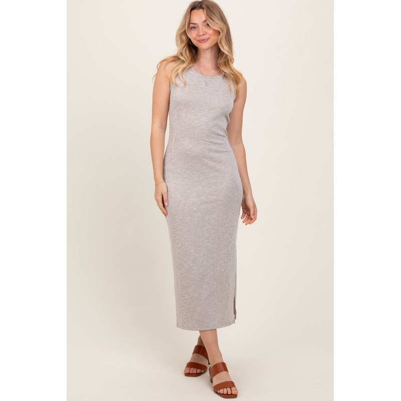 Beige Solid Ribbed Sleeveless Slit Maxi Dress