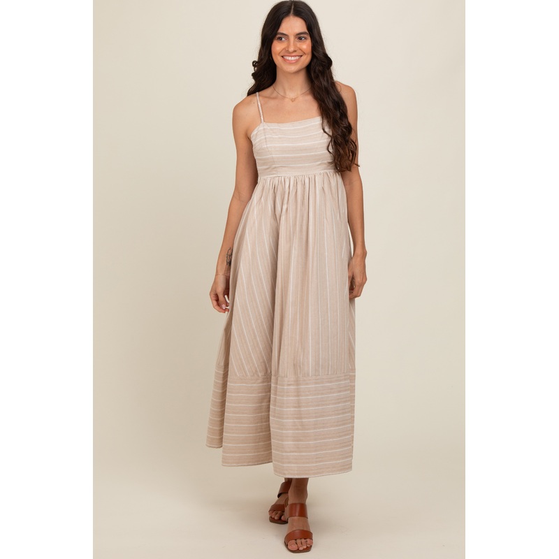 Beige Striped Cutout Back Maxi Dress