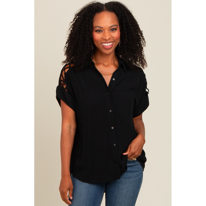 Black Button Down Lace-Up Shoulder Top