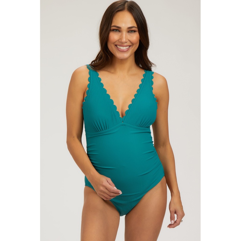 Teal Scallop Trim Maternity One Piece Swimsuit
