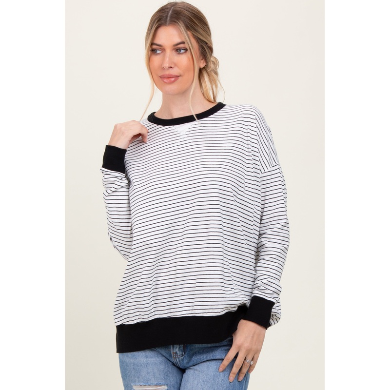 White Striped Oversized Crewneck Pullover