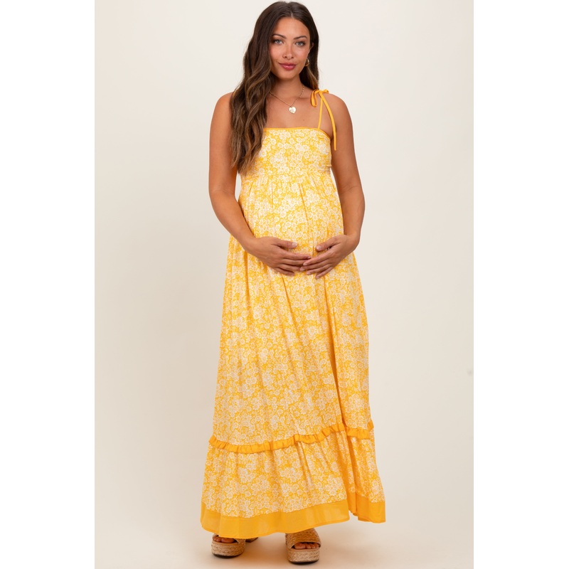 Yellow Floral Shoulder Tie Maternity Maxi Dress