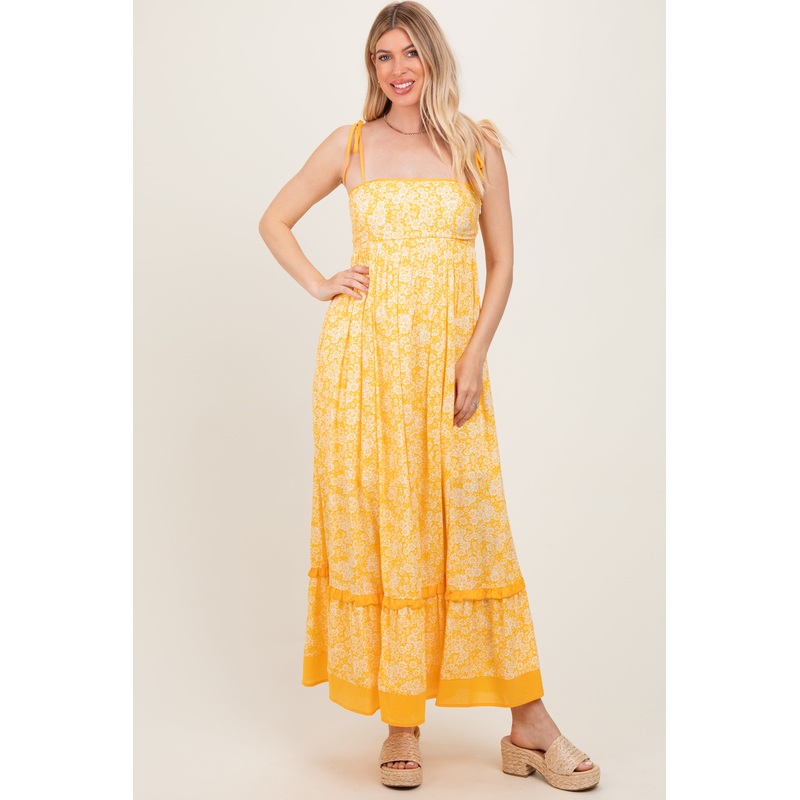 Yellow Floral Shoulder Tie Maxi Dress