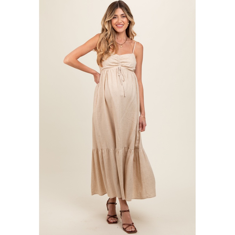 Beige Linen Front Cinch Maternity Midi Dress
