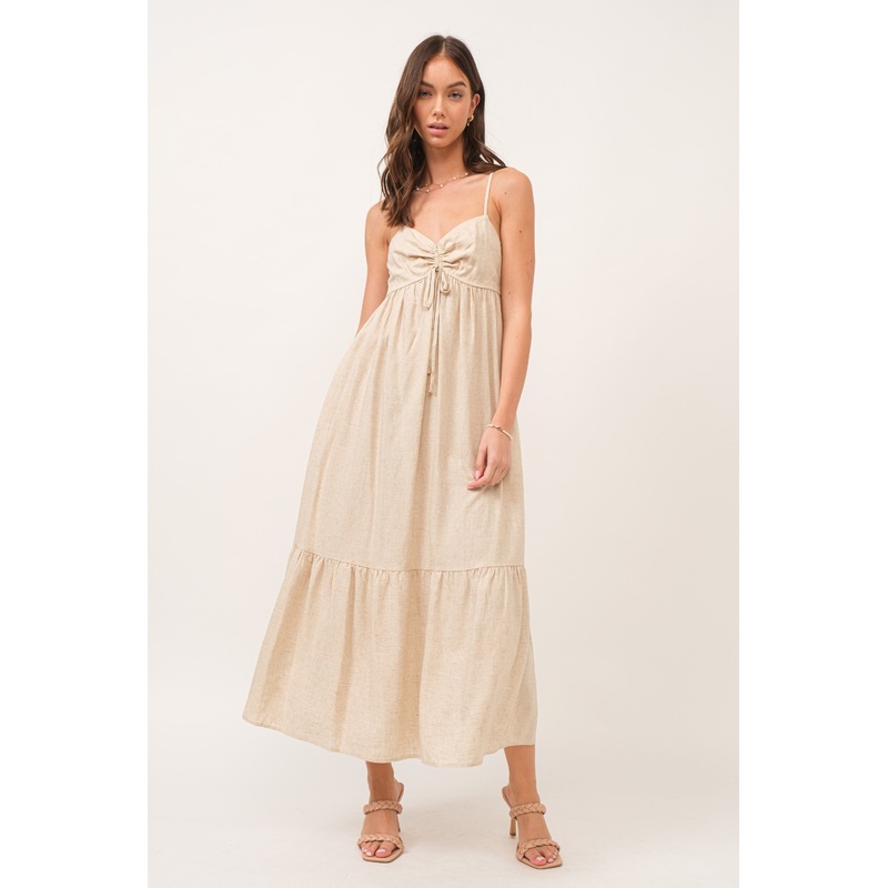 Beige Linen Front Cinch Midi Dress