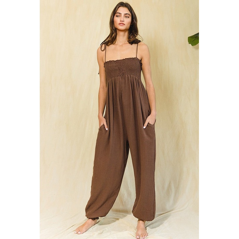 Brown Gauze Button Front Smocked Shoulder Tie Jumpsuit