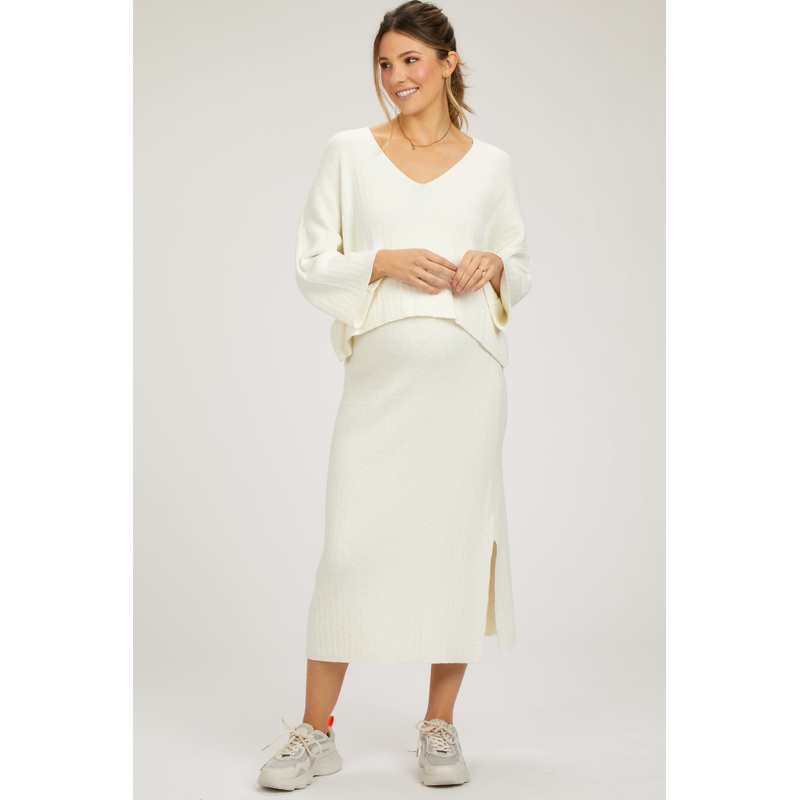 Cream V-Neck Knit Maternity Skirt Set