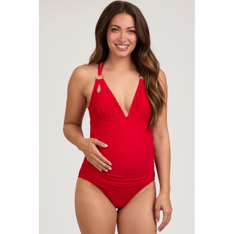 Red Ribbed V-Neck Ruched Criss Cross Low Back Maternity One Piece Swimsuit