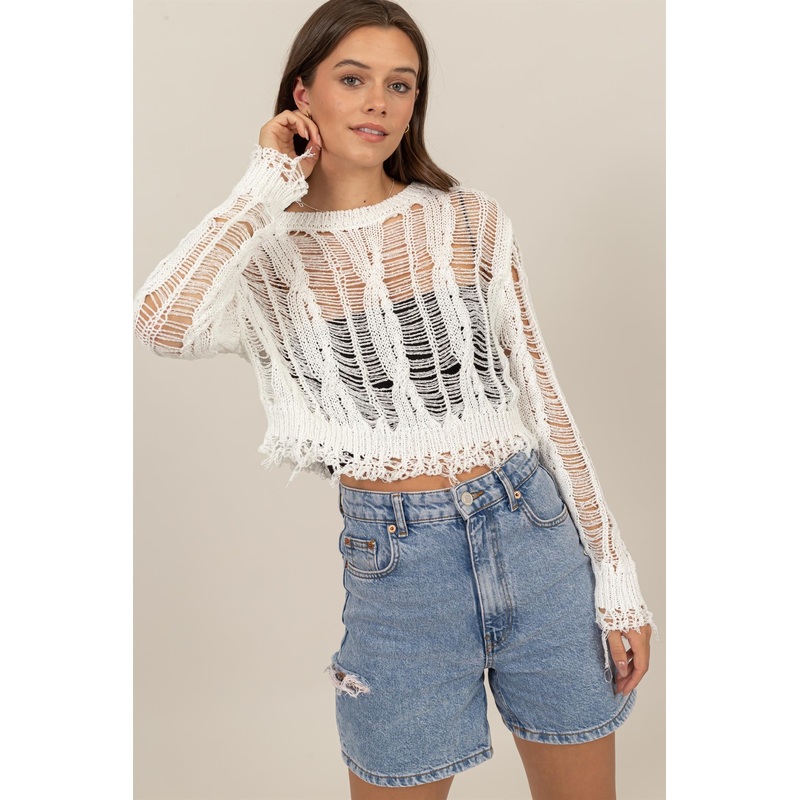 White Distressed Knit Cropped Sweater