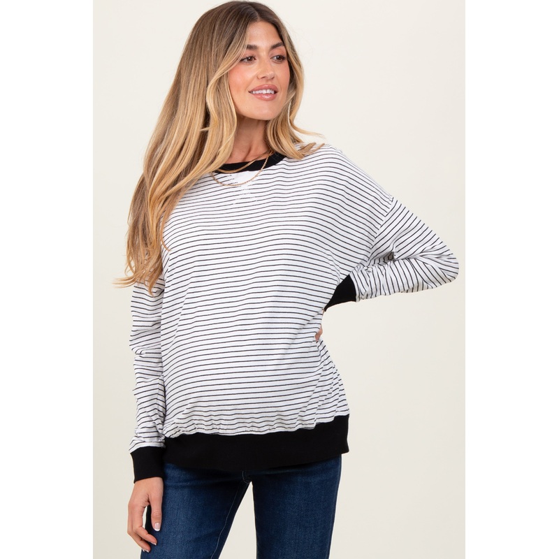 White Striped Oversized Crewneck Maternity Pullover