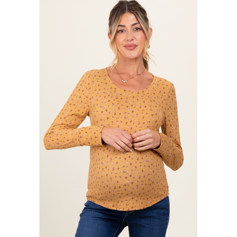 Yellow Floral Ribbed Long Sleeve Maternity Top