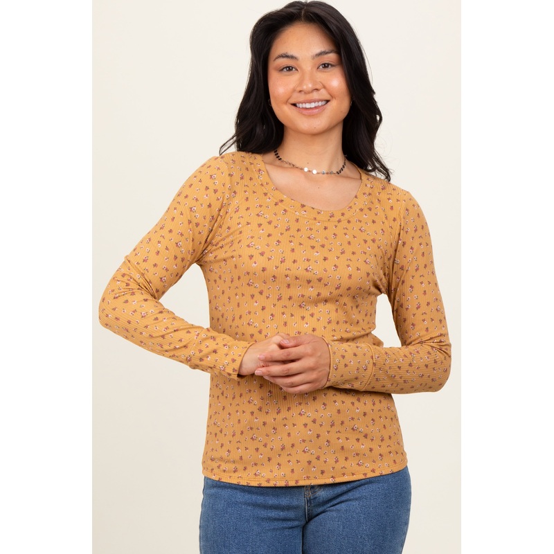 Yellow Floral Ribbed Long Sleeve Top