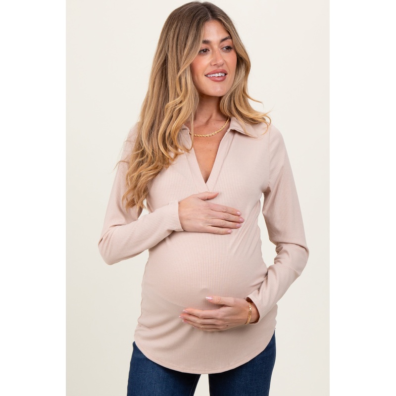 Beige Ribbed Collared Maternity Long Sleeve Top