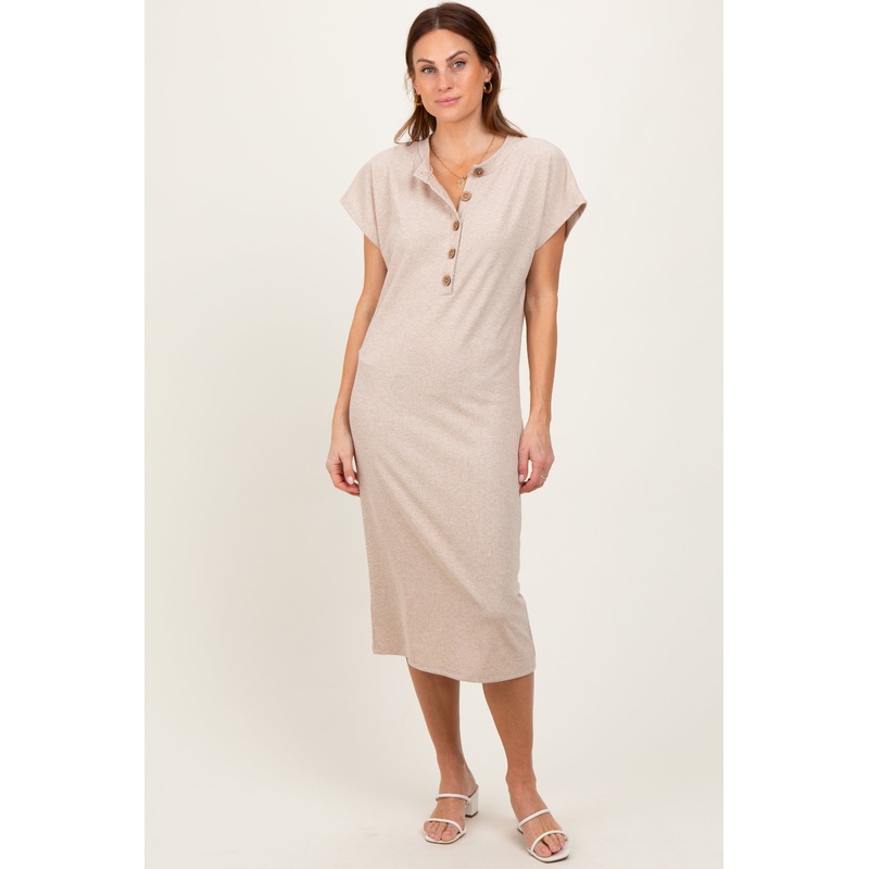 Beige Solid Ribbed Short Sleeve Button Down Knit Midi Dress