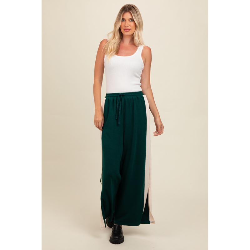 Forest Green Contrast Stripe Side Slit Pants